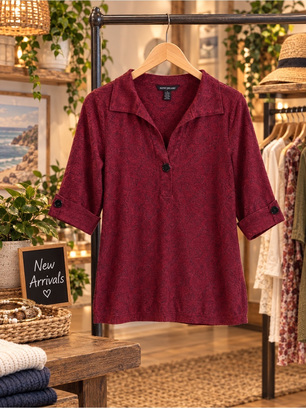 Elliott Lauren Women's Burgundy Notch-Collar Button Front Tunic